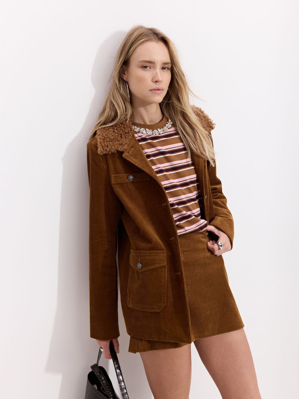 ג׳קט קורדרוי אוברסייז עם צווארון פרווה
