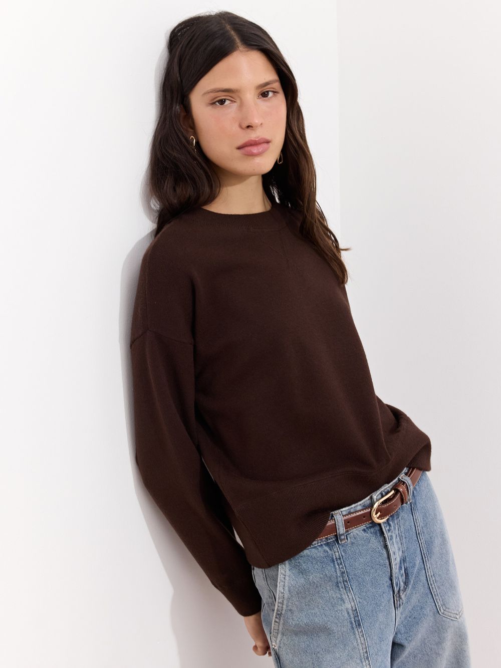 סווטשירט סריג חלק בסיומת ריב